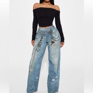 Chain printed Denim Baggy jeans- Medium wash